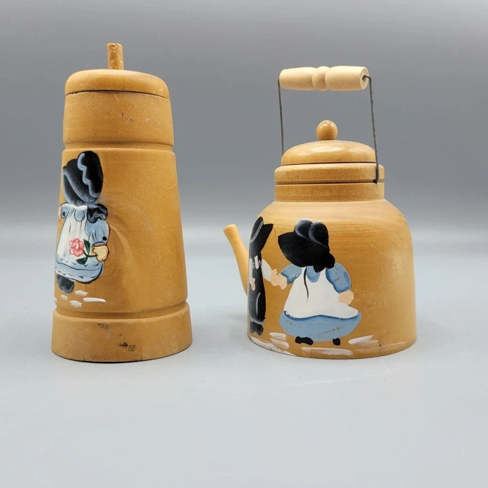 Vintage Mini Wooden Teapot & Butter Churn Hand Painted Amish Couple Design